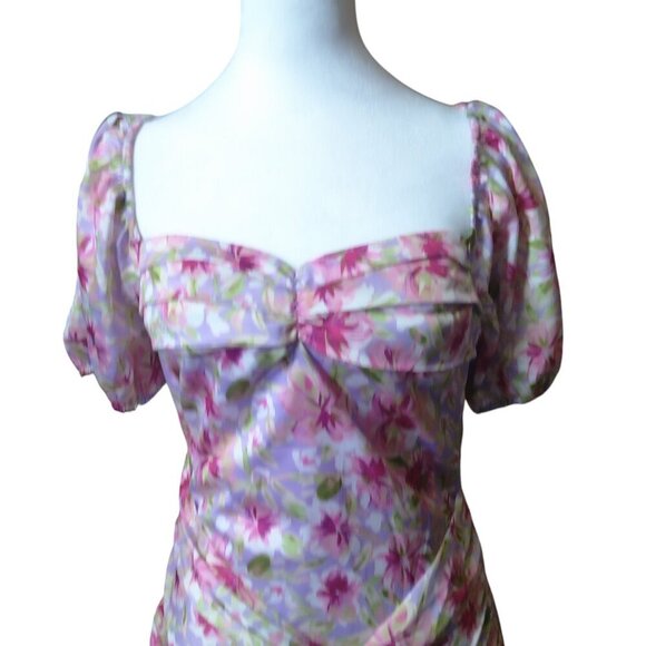 Dee Elly Women's Small Pink Floral Short Puff Sleeve Open Back Bodycon Ruched - Picture 2 of 6